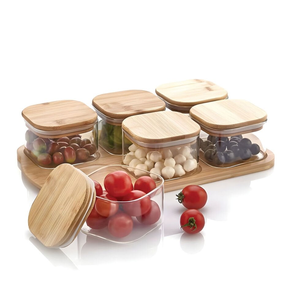 6LI BAMBU KAPAKLI, TEPSİLİ CAM KAHVALTILIK