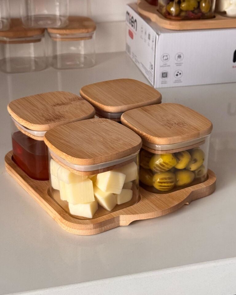 4LÜ BAMBU KAPAKLI, TEPSİLİ CAM KAHVALTILIK